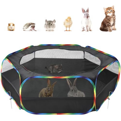 Pawaboo Small Animals Playpen, Waterproof Small Pet Cage Tent with Zippered Cover, Portable Outdoor Yard Fence with 3 Metal Rod for Chick/Kitten/Puppy/Guinea Pig/Rabbits/Hamster, Black + Rainbow - color: Black + Rainbow
