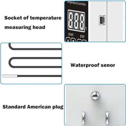 Digital Thermostat Plug Socket, Only Celsius Display LCD Screen Temperature Controller with Waterproof Sensor Probe, Heating Cooling Temperature Switch Outlet for Reptile Greenhouse Terrarium
