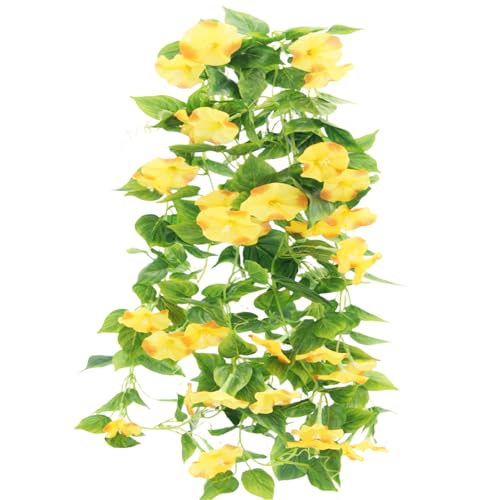 FERIAL Artificial Vines 15Feet Silk Flower Garland for Outdoors Yellow Morning Glory Vine Artificial Flowers Hanging Plants Garland Fake Green Plant 2Pcs for Wall Fence Indoor Wedding Banquet Decor - color: Yellow