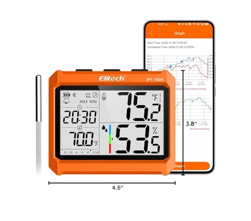 Elitech Digital Bluetooth Hygrometer Thermometer, Refrigerator Thermometer with Free APP, Real-Time Temperature Humidity Monitor with 4.5" Screen, PDF&CSV Data Export, IPT-100S with External Probe
