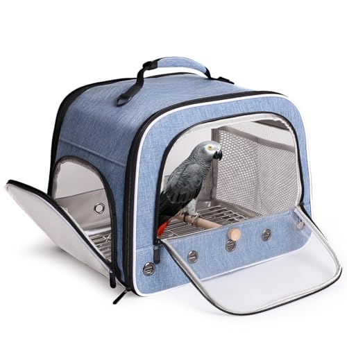 halinfer Bird Travel Carrier Cage for Large Size Parrot, Portable Bag with Metal Tray and Grate to Carry and Transport Medium and Large Birds Like African Grey, Long Tail Cockatiel and Parrot - color: Blue