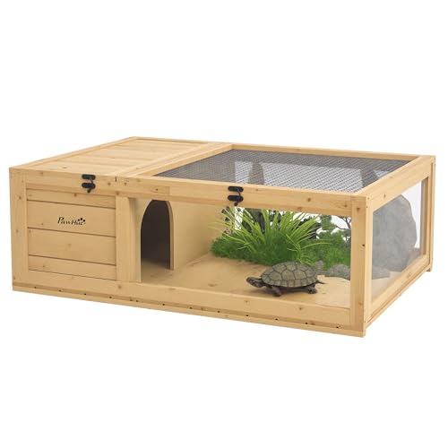 PawHut Wooden Tortoise House Indoor Turtle Habitat Enclosure Outdoor Reptile Cage for Lizards, Geckos, Yellow - color: Yellow