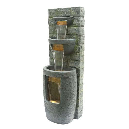 Alpine Corporation TZL384 Outdoor 3 Tier Water Fountain with LED Lights for Garden, Patio, Lawn and Yard Spaces, 51" H, Gray - style: 51"H 3-Tier w/ LEDs