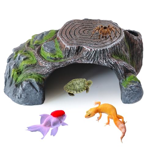 Resin Reptile Hide Cave,Leopard Gecko Cave Hideout Reptiles Habitat Tree Stump Decor Lizard Tank Climbing Ramp Basking Platform Accessories for Gecko Hermit Crab Small Turtle Frog Spider Scorpion