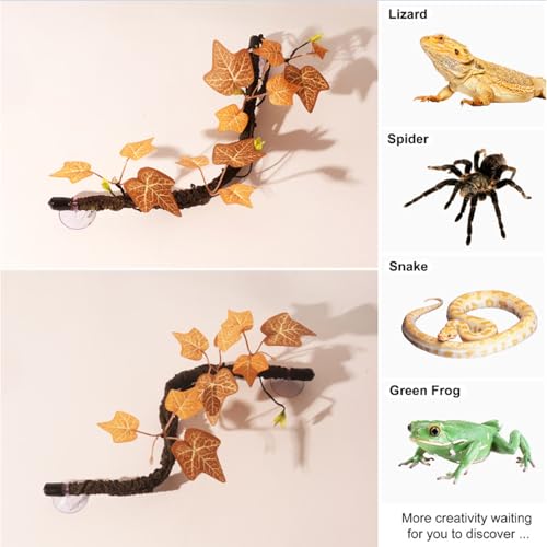 Reptile Climbing Branches 2pcs with Suction Cups, Realistic Plastic Bendable Jungle Vines Terrarium Decor for Bearded Dragon Lizard Snake Tank Accessories