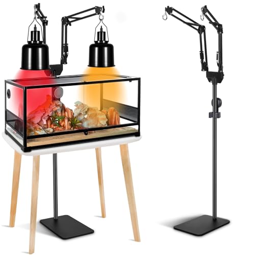 Dual Reptile Heat Lamp Stand, Adjustable Reptile Light Stand (15.7-74.3inch) with 360° Swing Arm and Anti-tip Clip, Lamp Holder for Terrarium, Amphibians Cage and Plants