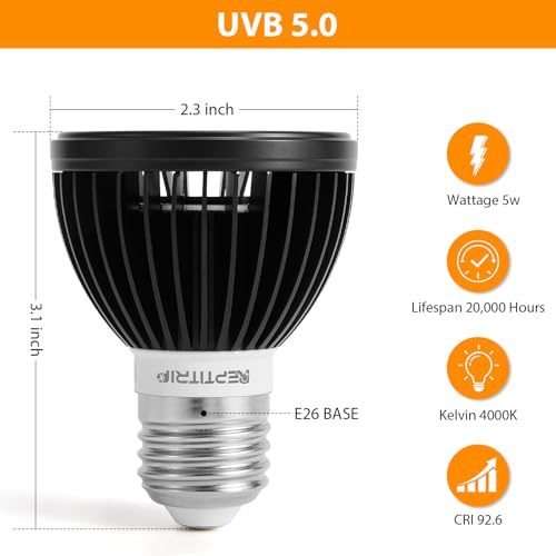 REPTITRIP UVB Light for Reptiles, UVB Bulb 5W 5.0 UVB LED Lamp, Reptile Light Bulb, Provide Sufficient UVB Exposure for Tropical Spices-Not Heat Lamp - style: UVB-5