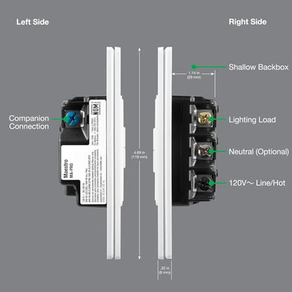 Lutron Maestro PRO LED+ Tap Dimmer Switch for 250W LED, 500W ELV, 400W MLV, Single Pole/Multi-Location, Neutral Wire Optional, MA-PRO-WH, White - color: White, size: 1 Pack, style: PRO Dimmer