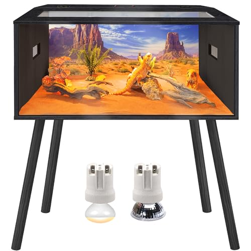 Prolee 36 Gallon Reptile Tank, Tempered Glass Bearded Dragon Tank with Wooden Roof and Lockable Doors, Large Lizard Habitat with Built-in Lamp Fixture for Snakes, Iguanas, Chameleons (Black) - color: Black, size: 36 gallons,32x16x16 inch