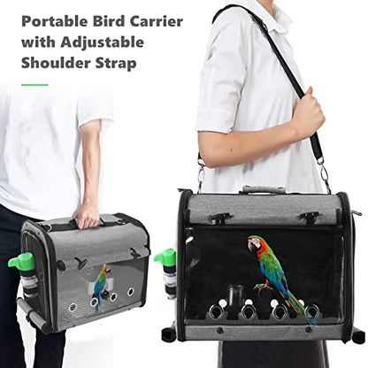 Bird Carrier Bag with Stand, Lightweight Backpack for Parrot, Portable Cockatiel Travel Cage with Accessories, Pet Transparent Breathable Carrier - size: 17.6"L x 10.6"W x 13.3"H