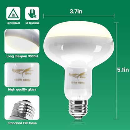 Reptile Heat Lamp Bulbs 150W (2-Pack) – Efficient Heating & Simulated Sunlight Basking Light for Amphibians, Bearded Dragon, Lizard, Turtle, Chicken – E26 Base - color: White, size: 150W
