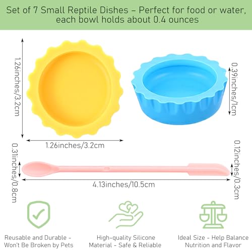 9 PCS Crested Gecko Food and Water Bowl Reusable Small Reptile Feeding Dish Gecko Tank Accessories for Hermit Crab Tarantula Isopods Lizard Easy Clean Silicone 7 Colors Includes Spoon