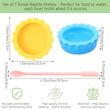 9 PCS Crested Gecko Food and Water Bowl Reusable Small Reptile Feeding Dish Gecko Tank Accessories for Hermit Crab Tarantula Isopods Lizard Easy Clean Silicone 7 Colors Includes Spoon