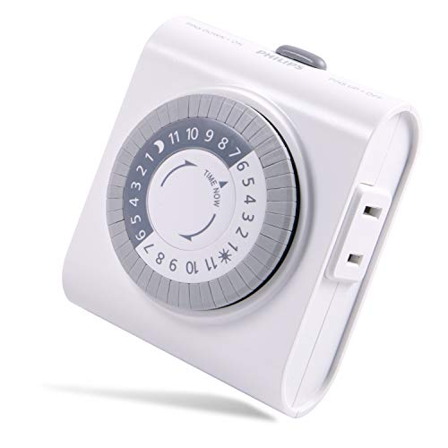 Philips 24-Hour Indoor Mechanical Outlet Timer, 2 Polarized Timer Outlets, 30-Minute Intervals Light Timеr, ON/OFF Daily Cycle Plug Timer, Lamp Timer Push Pins, Override Switch, White, SPC1237AT/27