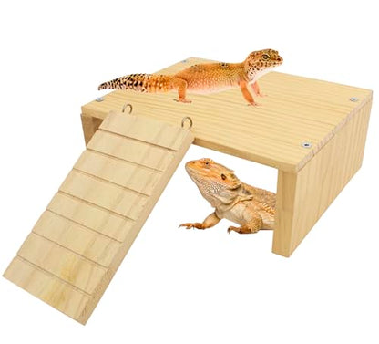 FlidRunest Reptiles Hide, Bearded Dragon Hide Cave with Ladder, Gecko Basking Platform for Tank, Wooden Accessories for Bearded Dragon Lizard Geckos Hamster
