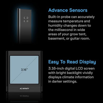 AC Infinity Temperature Humidity VPD Smart Hygrometer B2 with LCD Display & Bluetooth App Monitor, Climate Gauge Thermometer for Basements, Guitar Rooms, Grow Tents and Greenhouses - style: Integrated Sensor