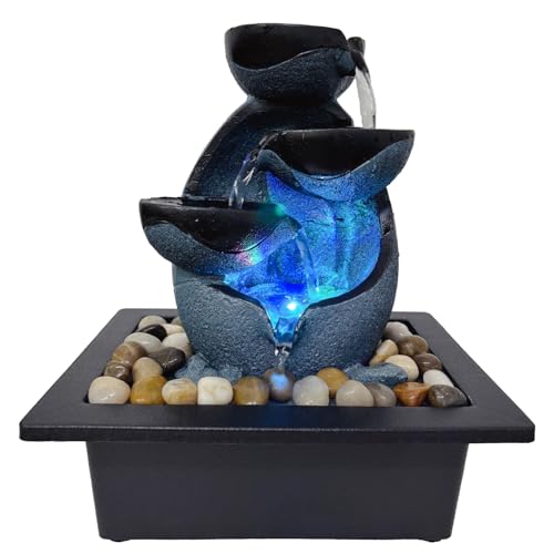 Tabletop Water Fountain with LED Lights, Indoor Resin Waterfall Fountain for Desk Office Home Decor, Zen Meditation Relaxation Feature with ON/Off Switch and Pebbles - size: A