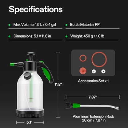 VIVOSUN 50oz Pump Sprayer, Portable Water Spray Bottle for Spraying Plants, Flowers, Weeds and Cleaning, Hand Pump with Side Filling Port, Measuring Cup, Adjustable Nozzles - size: 50oz
