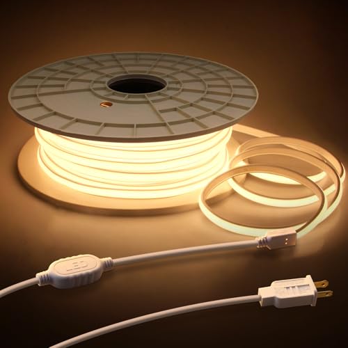 120V Led Rope Lights Outdoor Waterproof 150FT 3000K Flexible COB Led Strip Lights Plug in 288Leds/M Warm White High Density Dotless Led Lights for Patio Garden Deck Christmas Decor - color: Warm White, size: 45M
