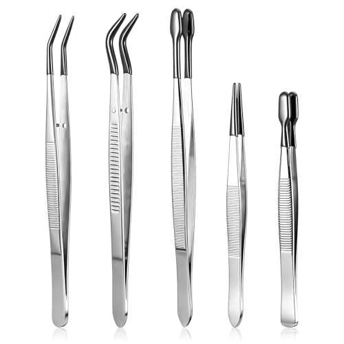 5 Pcs Rubber Tipped Tweezers, Jewelry Tweezers Silicone Tweezer for Entomology Taxidermy Stamp Coins Jewelry Crafts, Electronics Silver Black