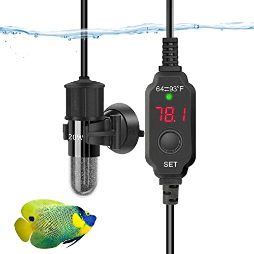 YOFOTHS Adjustable Mini Aquarium Heater 0.5/1/2/3 Gallon Submersible Small Fish Tank Heater 10W/20W/30W Digital Display Thermostat External Temperature Controller(20W) - size: 20W