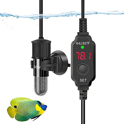 YOFOTHS Adjustable Mini Aquarium Heater 0.5/1/2/3 Gallon Submersible Small Fish Tank Heater 10W/20W/30W Digital Display Thermostat External Temperature Controller(20W) - size: 20W
