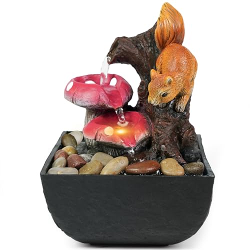 Ferrisland Tabletop Water Fountain Indoor - 3 Tiered Waterfall Fountain Indoor Desktop Water Feature with Light Squirrels Animal Sculpture Relaxation Fountains for Office Home Decor, Gift Idea - color: Colorful Fountains