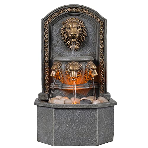 GOSSI 10.3 Inch Lion Head Tabletop Water Fountain, Classic Resin Indoor Zen Waterfall Fountain with Cobblestone, Soothing Water Sounds for Office and Home Decor (20135) - color: Yellow