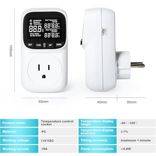 KABASI Digital Temperature Controller, Only Fahrenheit Dispaly Heavy Duty 15A Thermostat Outlet with Sensor, Heating Cooling Control Timer Plug Socket for Greenhouse Refrigerator Terrarium Aquarium