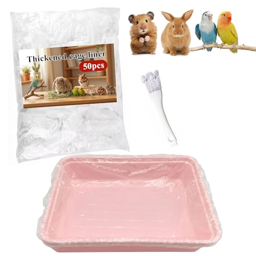 50 Pcs Disposable Small Animal Cage Liners - Clear Plastic Rabbit & Bird Cage Liners, Leakproof Guinea Pig Pet Tray Film with Hangable Cleaning Brush (47''-50P) - size: L+W<47''