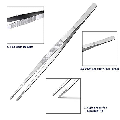 Stainless Steel Long Tweezers Tongs Kitchen Tweezer with Precision Serrated Tips Long Straight Tweezers for Cooking Cooking Tweezer for Sea Food Surgical BBQ (12 Inch)