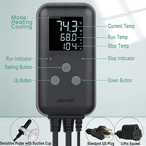 Greenhouse Temperature Controller Digital Waterproof Thermostat for Home Brewing, Fermentation, Breeding, Incubation, Terrarium, Heating & Cooling, 110V 10A 1100W