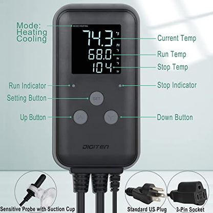 Greenhouse Temperature Controller Digital Waterproof Thermostat for Home Brewing, Fermentation, Breeding, Incubation, Terrarium, Heating & Cooling, 110V 10A 1100W