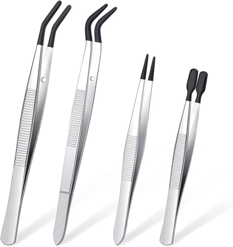 4 Pcs Rubber Tipped Tweezers For Crafting | Plastic Tweezers, PVC Coated, Soft Rubber Tip, Non Marring, For Crafts Stamps Beads Jewelry