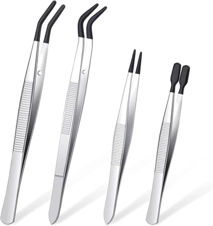 4 Pcs Rubber Tipped Tweezers For Crafting | Plastic Tweezers, PVC Coated, Soft Rubber Tip, Non Marring, For Crafts Stamps Beads Jewelry