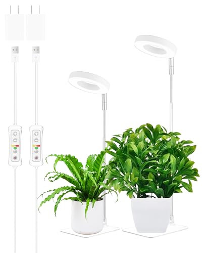 yadoker Halo Plant Grow Light, LED Growing Light with Base Full Spectrum for Indoor Plants,Height Adjustable, Automatic Timer, 5V Low Safe Voltage,Idea for Small Plants - color: 3.4 inch White with Base, size: 2 Pack