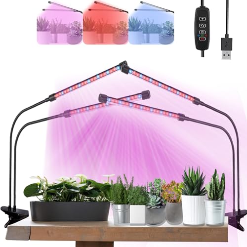 Grow Lights for Indoor Plants, Full Spectrum Plant Growing Lights with Auto On Off 3/9/12H Timer, 9 Level Dimmable, 3 Light Modes Clip on Grow Lamp for Indoor Seed Starting/Succulent, 2 Packs - color: Red+Blue, size: 2 Head-2 Packs