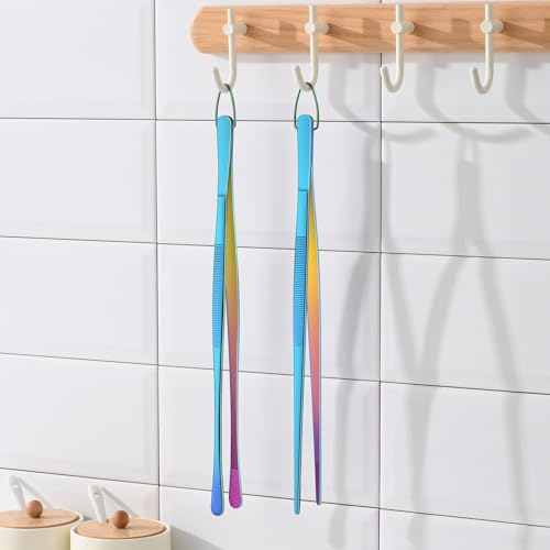 12 Inch Metal Chef Tweezers For Cooking, Rainbow Stainless Steel Cooking Tongs Set Of 2, Colorful Pickle Grabber, Long Pasta Tongs - color: Rainbow