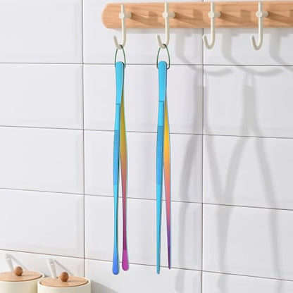 12 Inch Metal Chef Tweezers For Cooking, Rainbow Stainless Steel Cooking Tongs Set Of 2, Colorful Pickle Grabber, Long Pasta Tongs - color: Rainbow