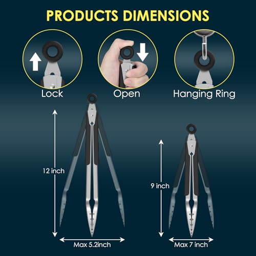 Hotec Stainless Steel Kitchen Tongs, Set of 2-9" and 12", Locking Metal Food Tongs for Cooking, Serving, BBQ, Grill Non-Slip Grip - size: Toothed head: 9,12 inch