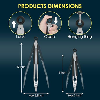 Hotec Stainless Steel Kitchen Tongs, Set of 2-9" and 12", Locking Metal Food Tongs for Cooking, Serving, BBQ, Grill Non-Slip Grip - size: Toothed head: 9,12 inch