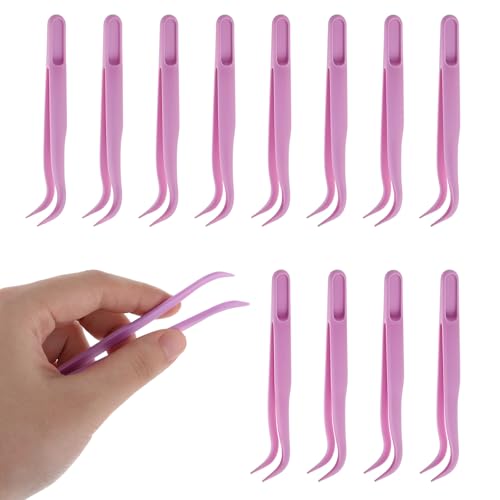 JJUNW 12pcs Plastic Tweezers, 4.5 Inch Bent Tweezers for Kids DIY Jewelry Making, Crafts, Baking Decoration, Reptile Feeding, Purple - color: Purple