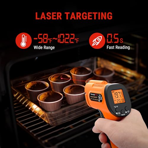 TempPro TP30 Infrared Thermometer Gun, Laser Thermometer for Cooking, Pizza Oven, Griddle, Engine, HVAC, Temperature Gun with Adjustable Emissivity & Max Measure -58°F ~1022°F, Gift for Dad Husband - style: 1 Laser & D:S 12:1