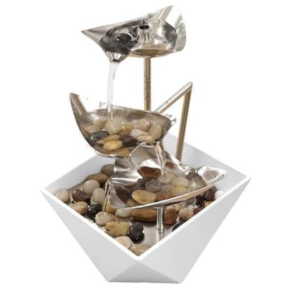 Tabletop Water Fountain Indoor - Handcrafted 3-Tier Waterfall 304 Metal | Easy "+" "-" On/Off Switch, Quiet Pump, Zen Relaxation for Office, Living Room, or Bedroom, Durable Desktop Fountain - color: White