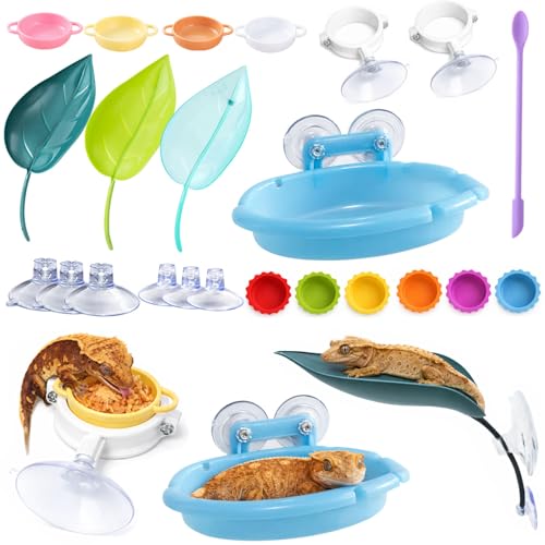 17Pcs Crested Gecko Tank Accessories Kit – Feeding Ledge with Strong Suction Cups, Blue Hideout Tray, Plastic Feeding Bowl, 6 Cresteds Geckos Cups & Crested Gecko Spoon
