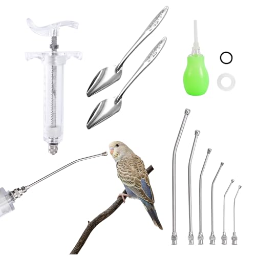 20ML Baby Bird Feeding Syringe Set Pet Syringe with 6 Pcs Curved Gavage Feeding Tubes and Bird Drinker Stainless Steel Metal Feeding Spoon for Baby Birds Parrot Small Pet - size: 20ML