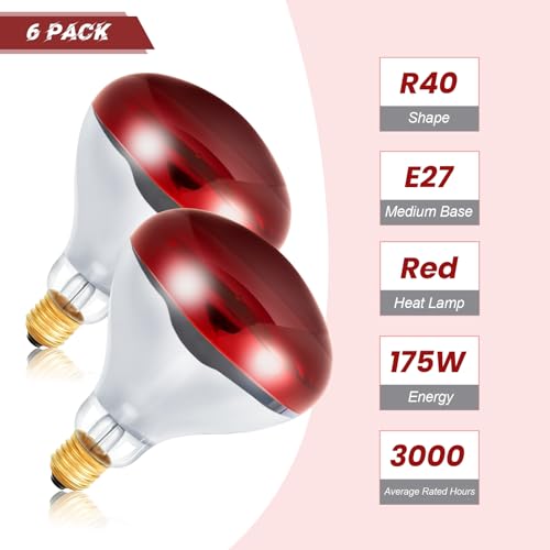 Treela 6 Pcs 110V 175W Red Infrared Bulbs Medium E26 Base, Red Heat Lamp Flood Light Bulbs Heat Light for Bathroom Chickens Brooder Pets