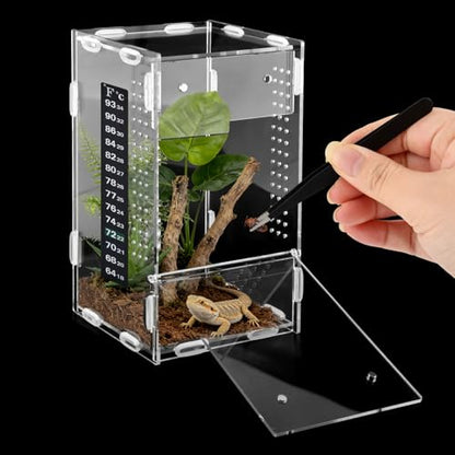 Acrylic Jumping Spider Habitat, Pre-Assembled Acrylic Terrarium, Bug Enclosure, Praying Mantis Habitat,with Magnetic Door & All-Side Ventilation 4"×4"×7" (Tweezer & Temp Sticker Included)