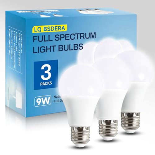 3PK Full Spectrum Light Bulbs, 9W, 6000K Natural Light That Mimic Sunlight, Boosts Mood, Energy, Focus, A19, Sunlike Happy Light Bulbs with E26/27 Base for Most Lamps - size: 3PK