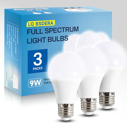 3PK Full Spectrum Light Bulbs, 9W, 6000K Natural Light That Mimic Sunlight, Boosts Mood, Energy, Focus, A19, Sunlike Happy Light Bulbs with E26/27 Base for Most Lamps - size: 3PK